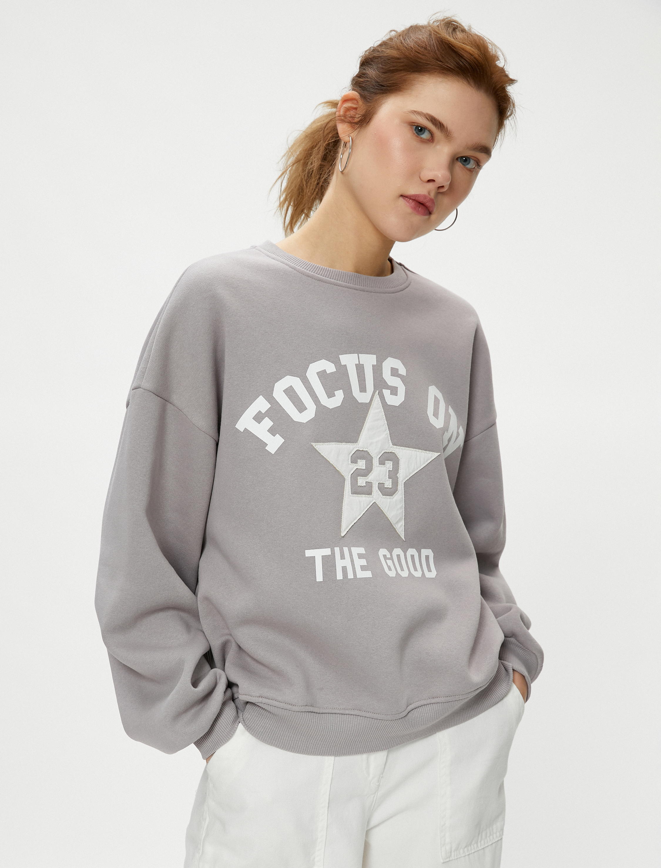   Şardonlu Sweatshirt Baskılı Bisiklet Yaka Uzun Kollu