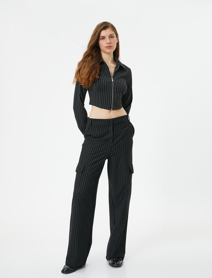  Crop Bluz Fermuarlı Slim Fit Dikiş Detaylı Uzun Kollu