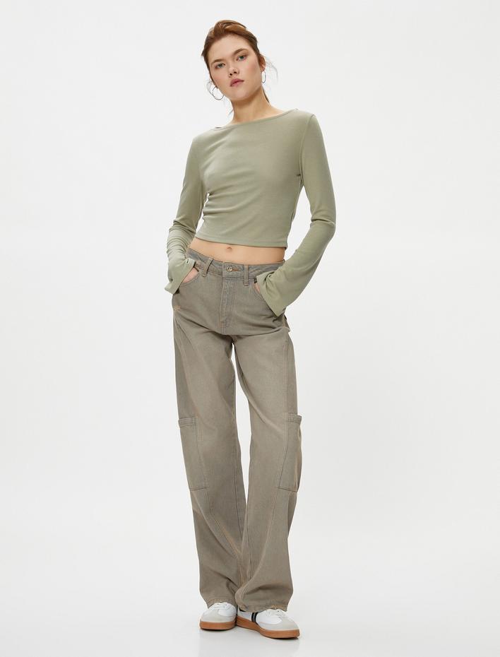  Crop Tişört Kayık Yaka Uzun Kollu