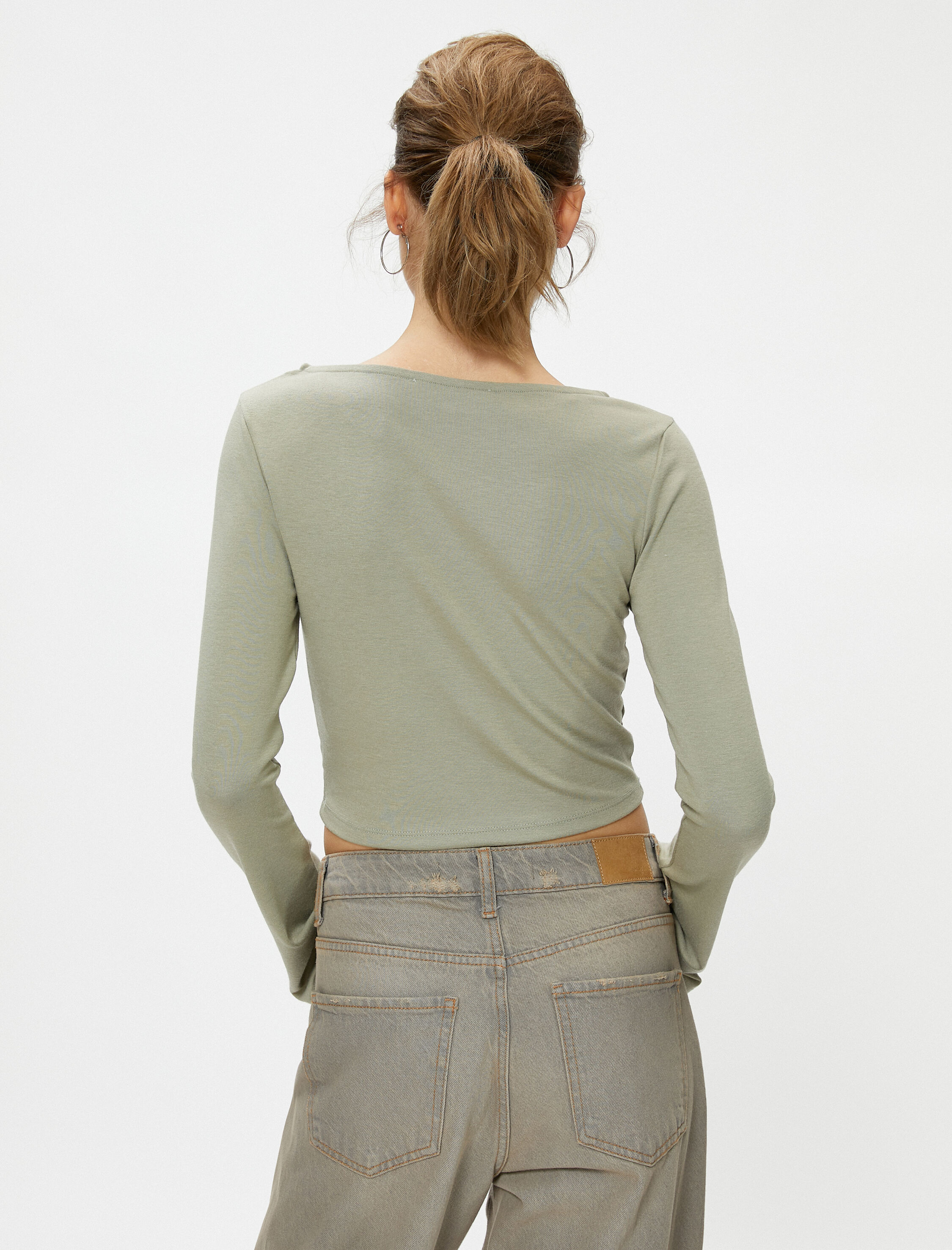   Crop Tişört Kayık Yaka Uzun Kollu