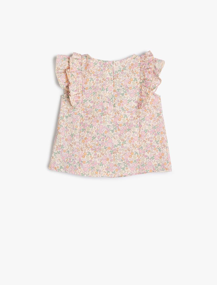  Kız Bebek Bluz Çiçekli Fırfırlı Yuvarlak Yaka Arkadan Düğme Kapamalı