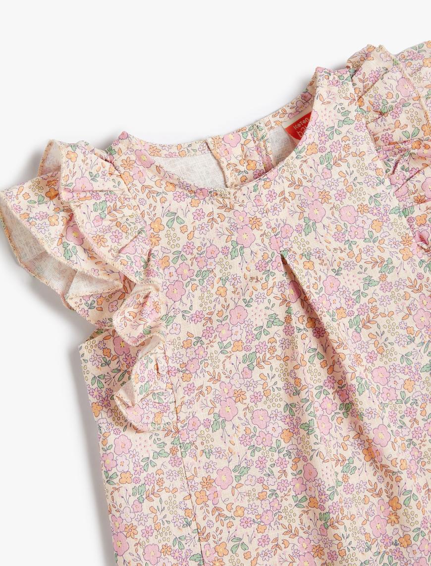  Kız Bebek Bluz Çiçekli Fırfırlı Yuvarlak Yaka Arkadan Düğme Kapamalı