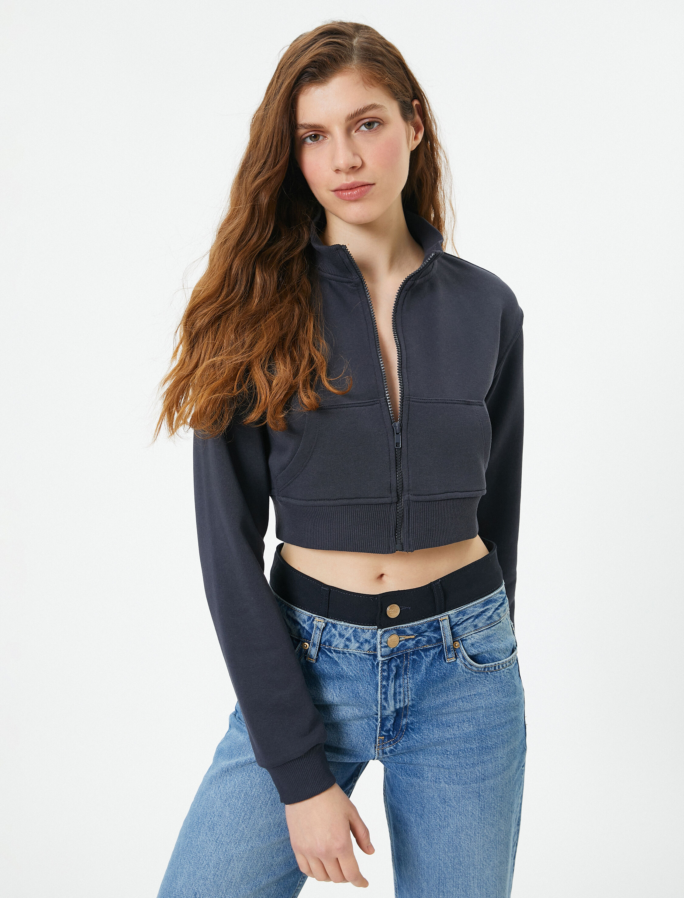   Crop Fermuarlı Sweatshirt Kanguru Cepli Dik Yaka