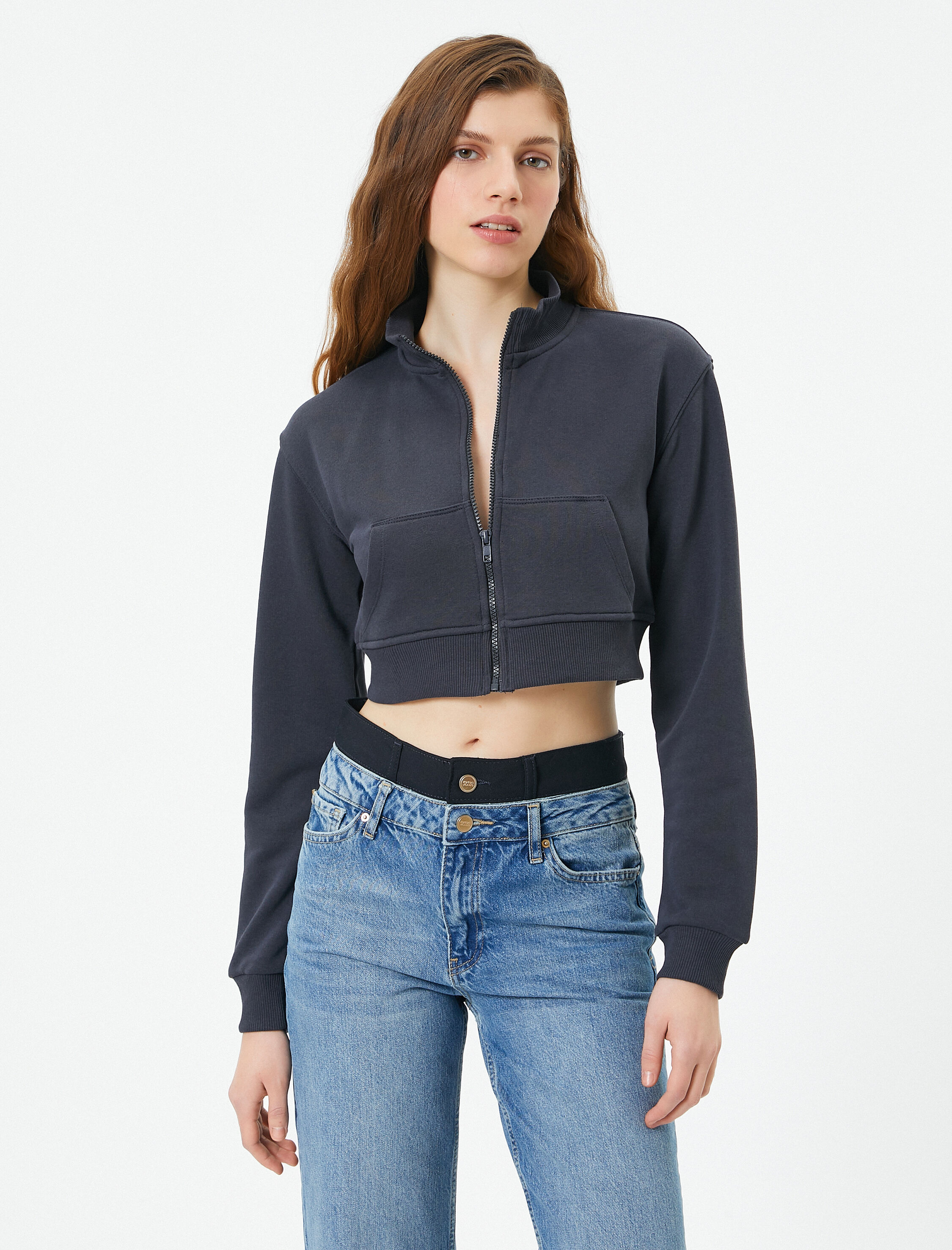   Crop Fermuarlı Sweatshirt Kanguru Cepli Dik Yaka