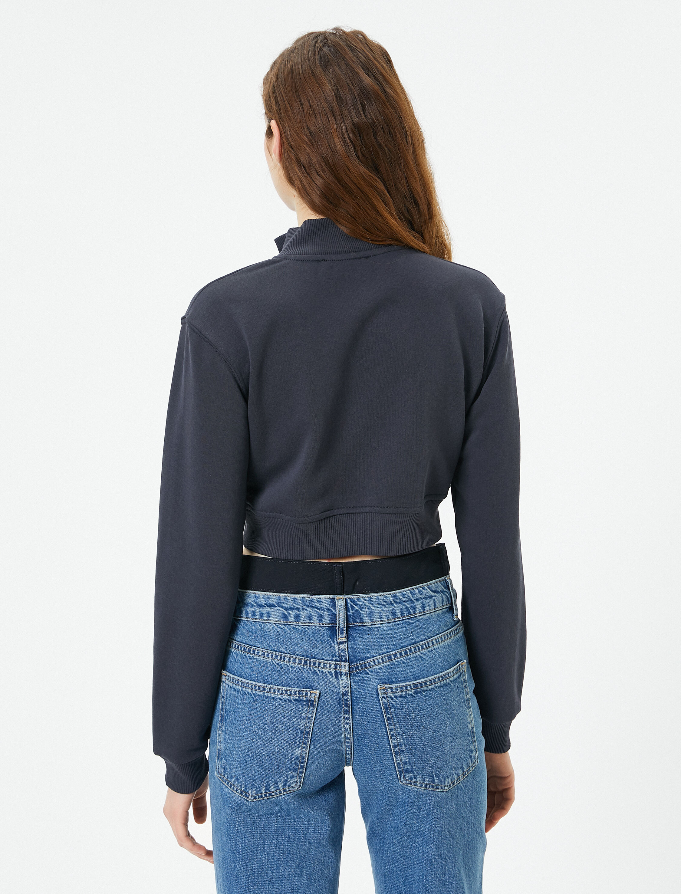   Crop Fermuarlı Sweatshirt Kanguru Cepli Dik Yaka
