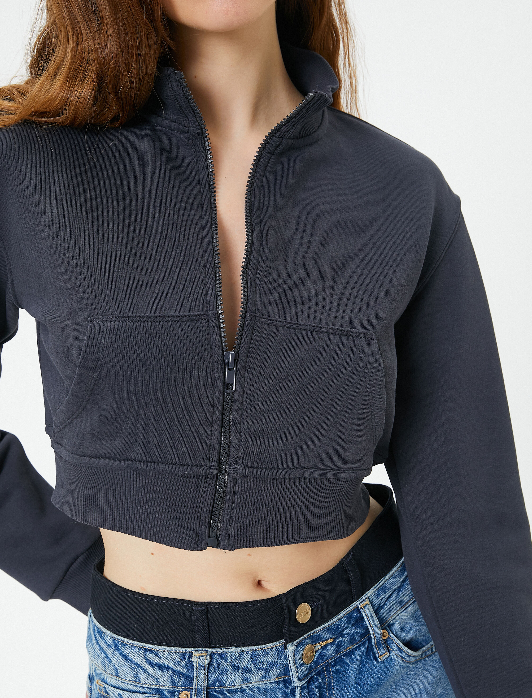   Crop Fermuarlı Sweatshirt Kanguru Cepli Dik Yaka