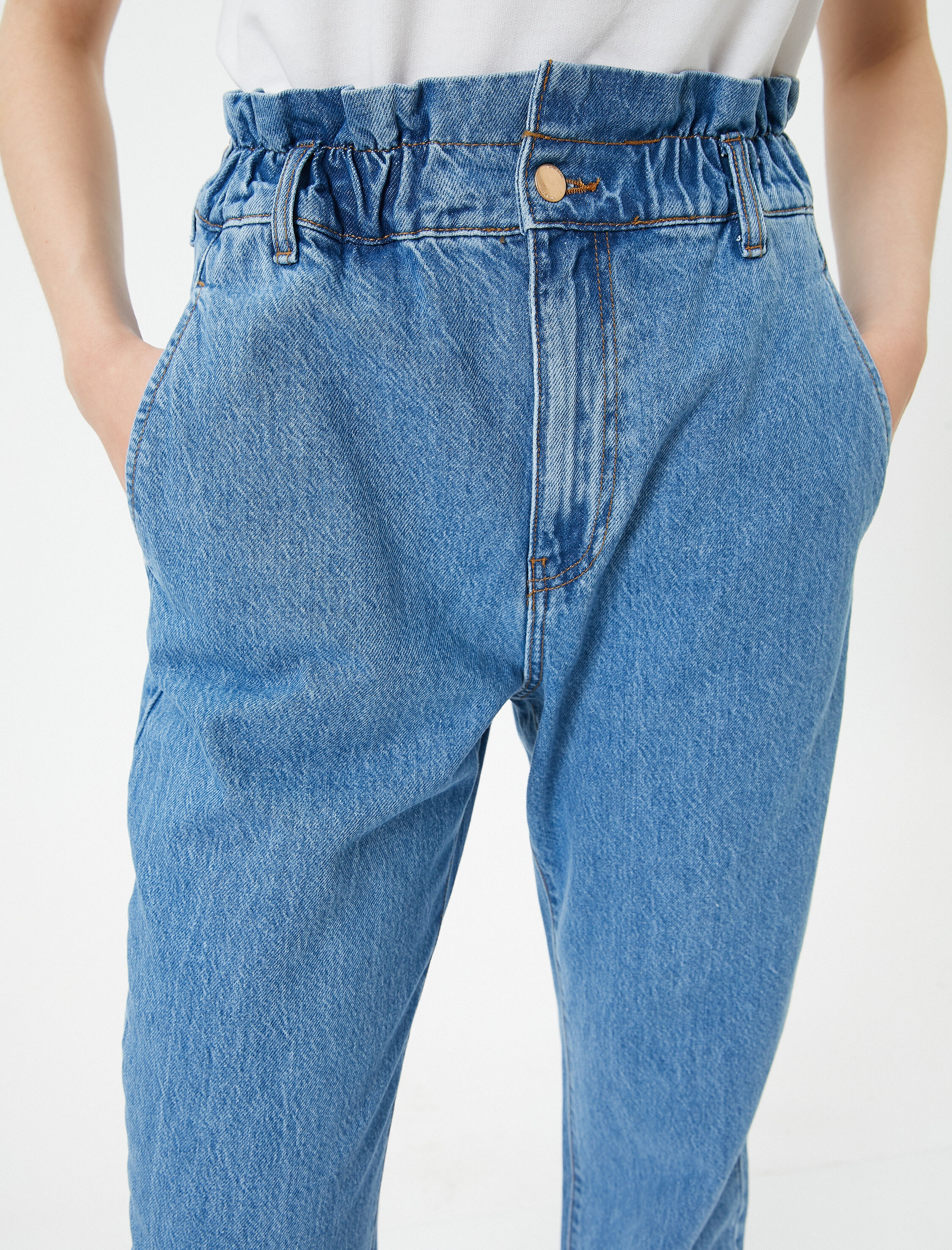   Beli Lastikli Yüksek Bel Kot Pantolon - Baggy Jean