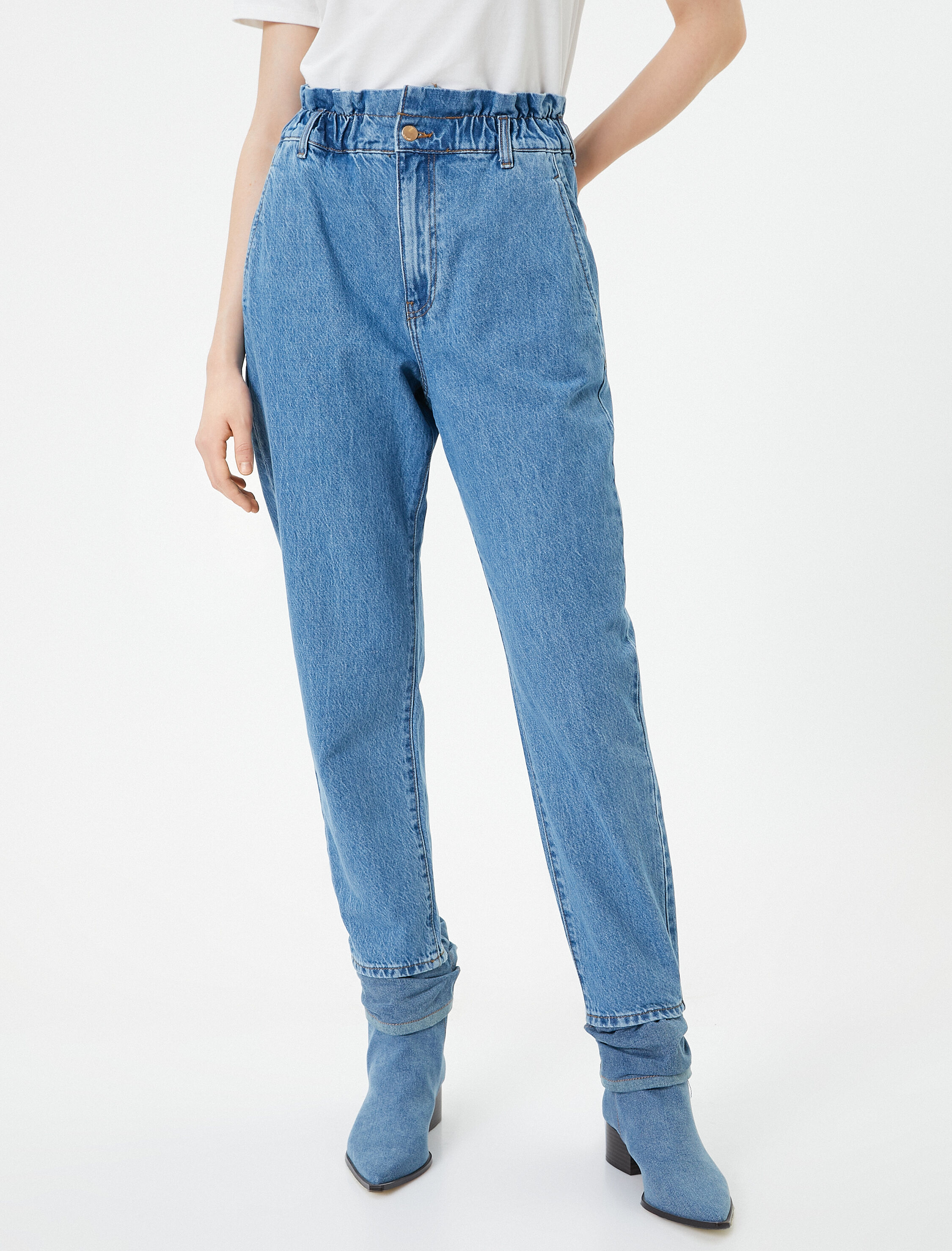   Beli Lastikli Yüksek Bel Kot Pantolon - Baggy Jean