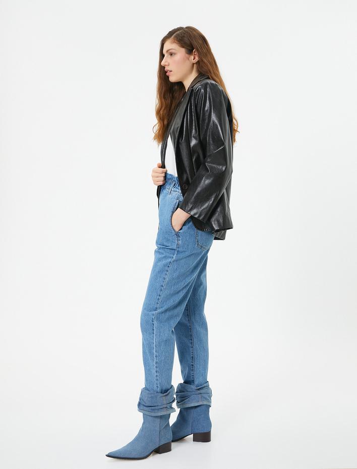  Beli Lastikli Yüksek Bel Kot Pantolon - Baggy Jean