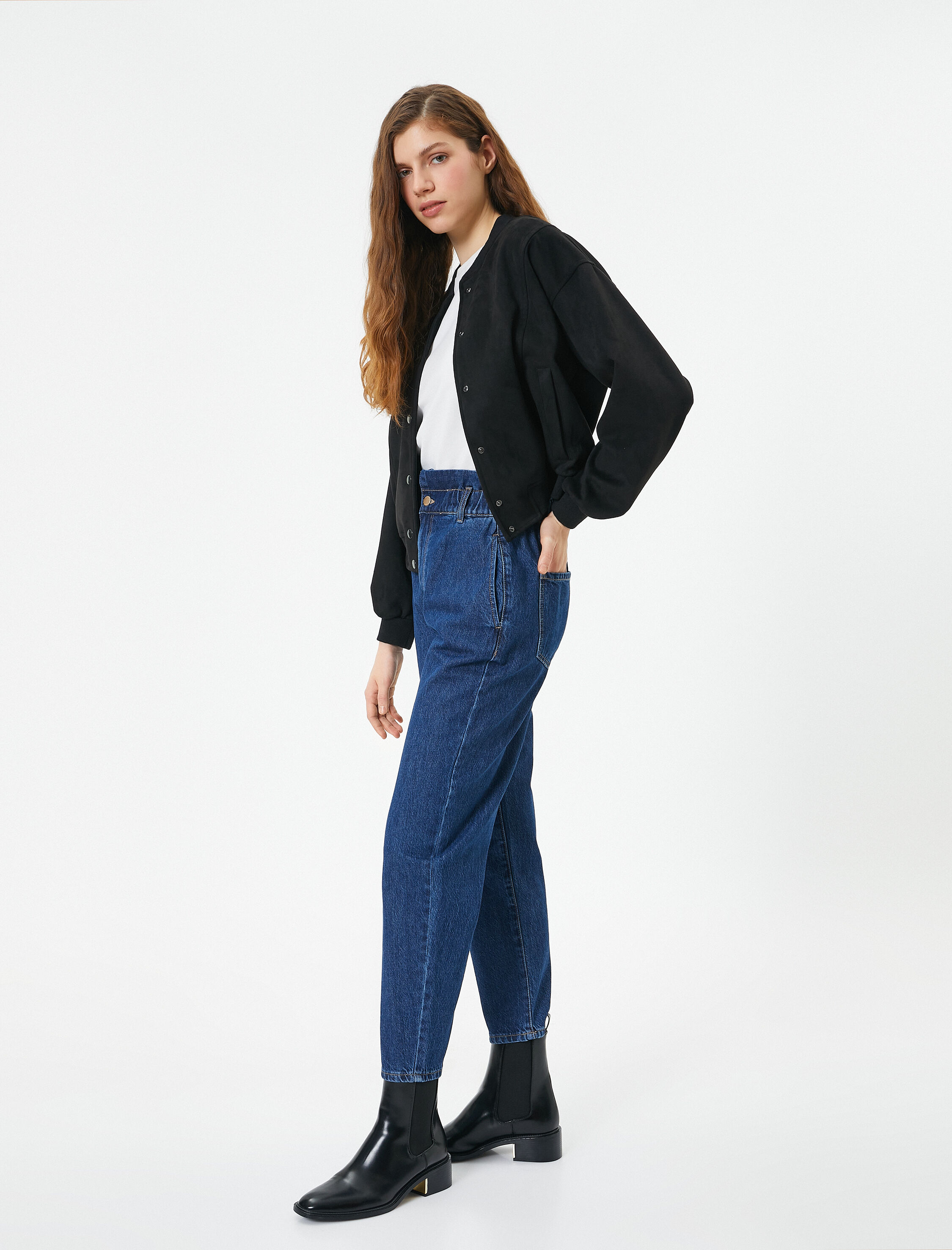   Beli Lastikli Yüksek Bel Kot Pantolon - Baggy Jean