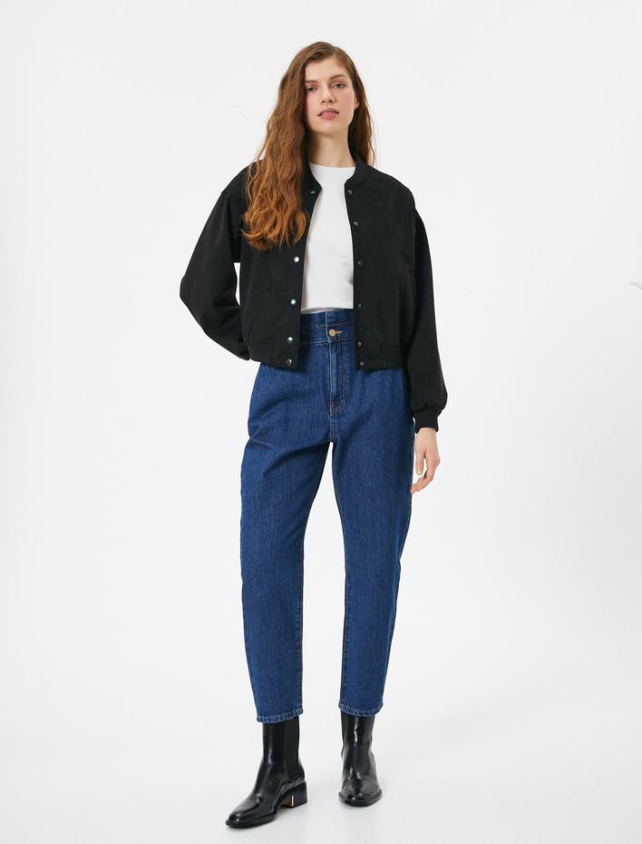  Beli Lastikli Yüksek Bel Kot Pantolon - Baggy Jean