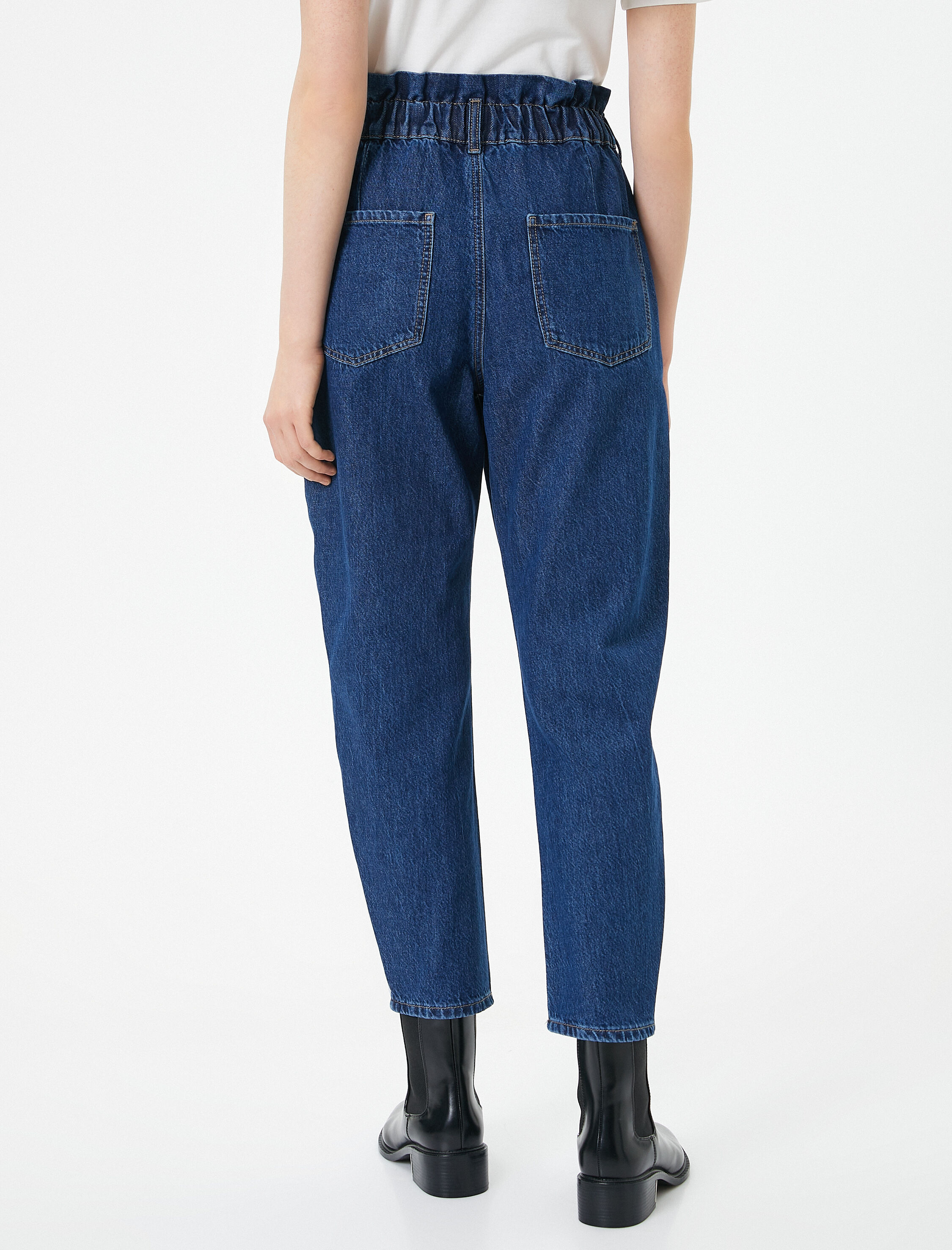   Beli Lastikli Yüksek Bel Kot Pantolon - Baggy Jean