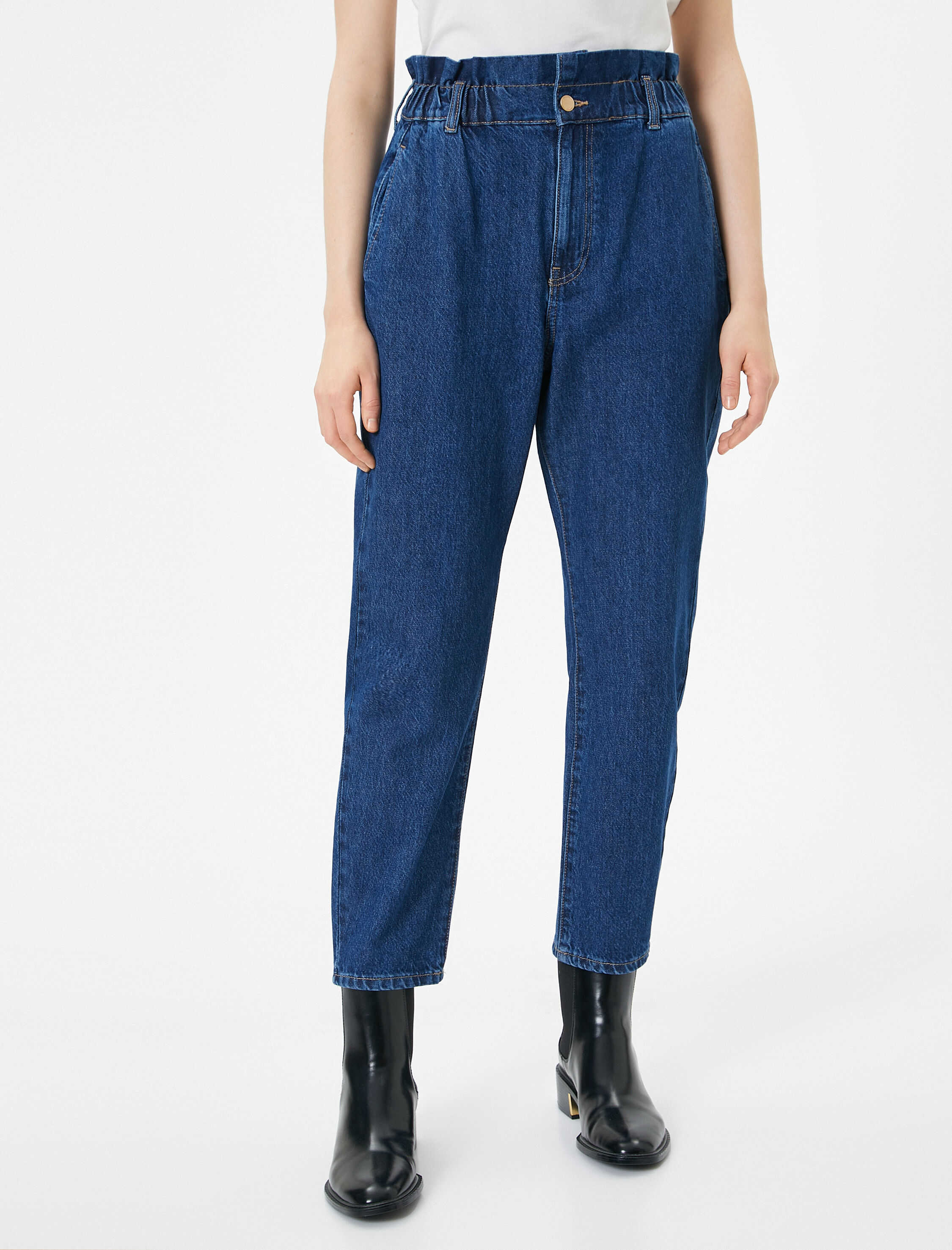   Beli Lastikli Yüksek Bel Kot Pantolon - Baggy Jean