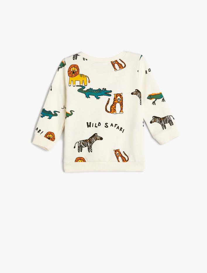 Erkek Bebek Sweatshirt Uzun Kollu Hayvan Baskılı Bisiklet Yaka Pamuklu