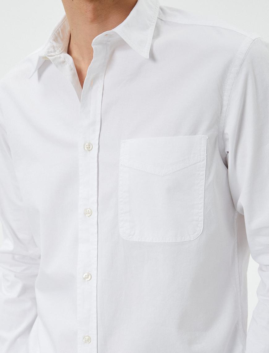   Slim Fit Gömlek Cep Detaylı Klasik Yaka Düğmeli Uzun Kollu