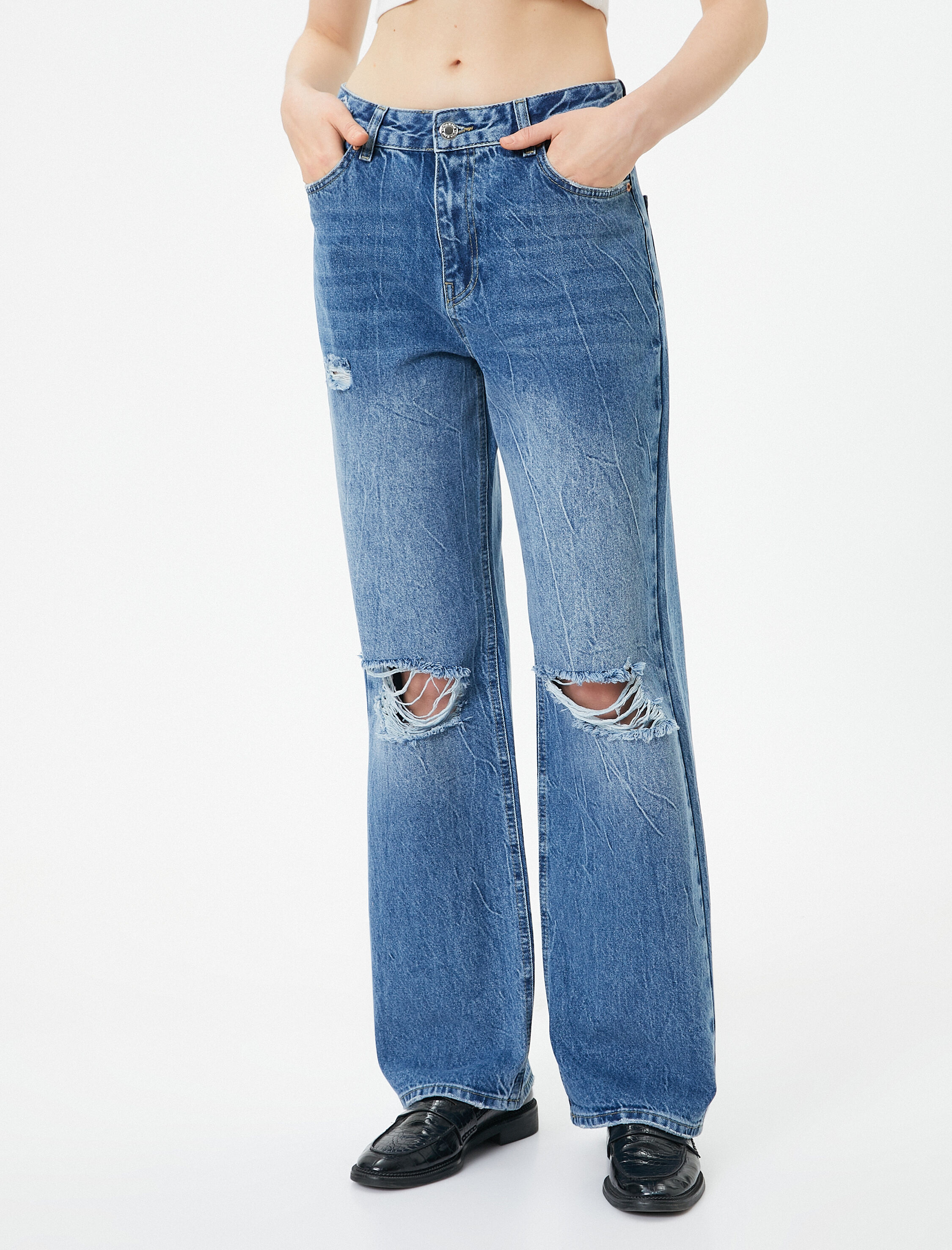   Yüksek Bel Straight Jean Kot Pantolon Yırtık Düz Paça - Eve Jeans