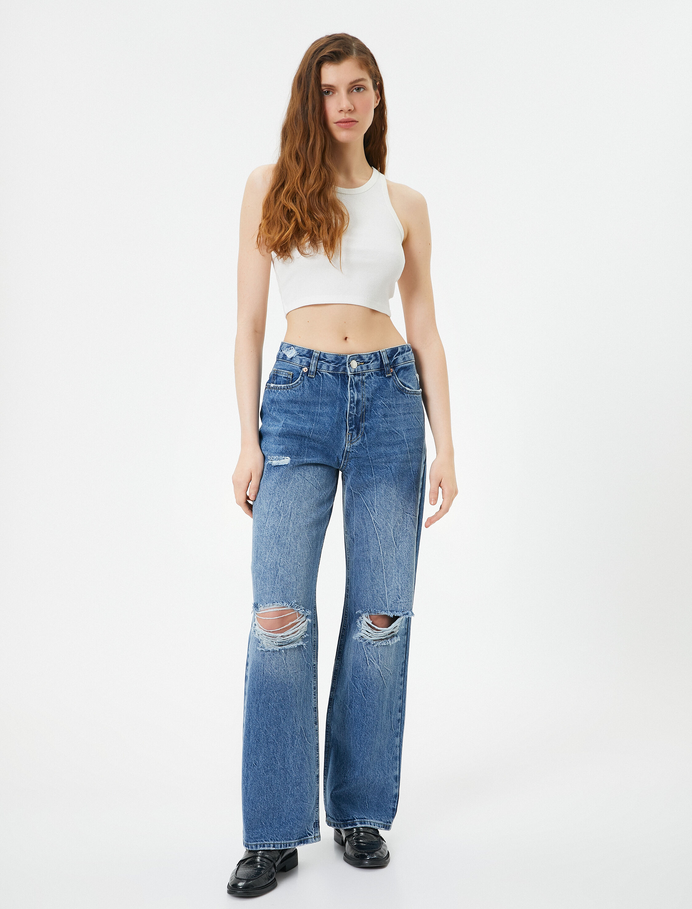   Yüksek Bel Straight Jean Kot Pantolon Yırtık Düz Paça - Eve Jeans