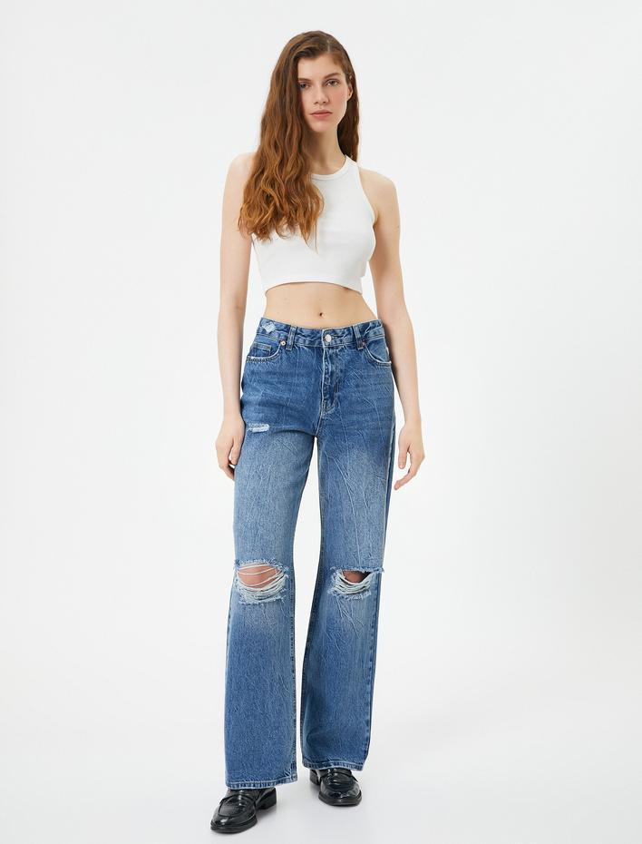  Yüksek Bel Straight Jean Kot Pantolon Yırtık Düz Paça - Eve Jeans