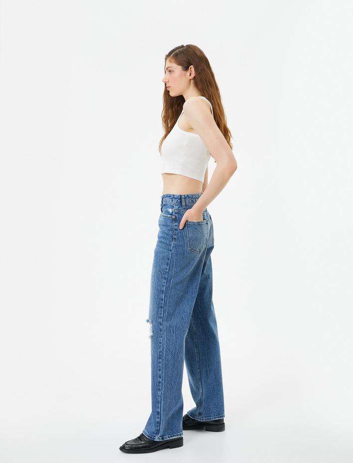 Yüksek Bel Straight Jean Kot Pantolon Yırtık Düz Paça - Eve Jeans