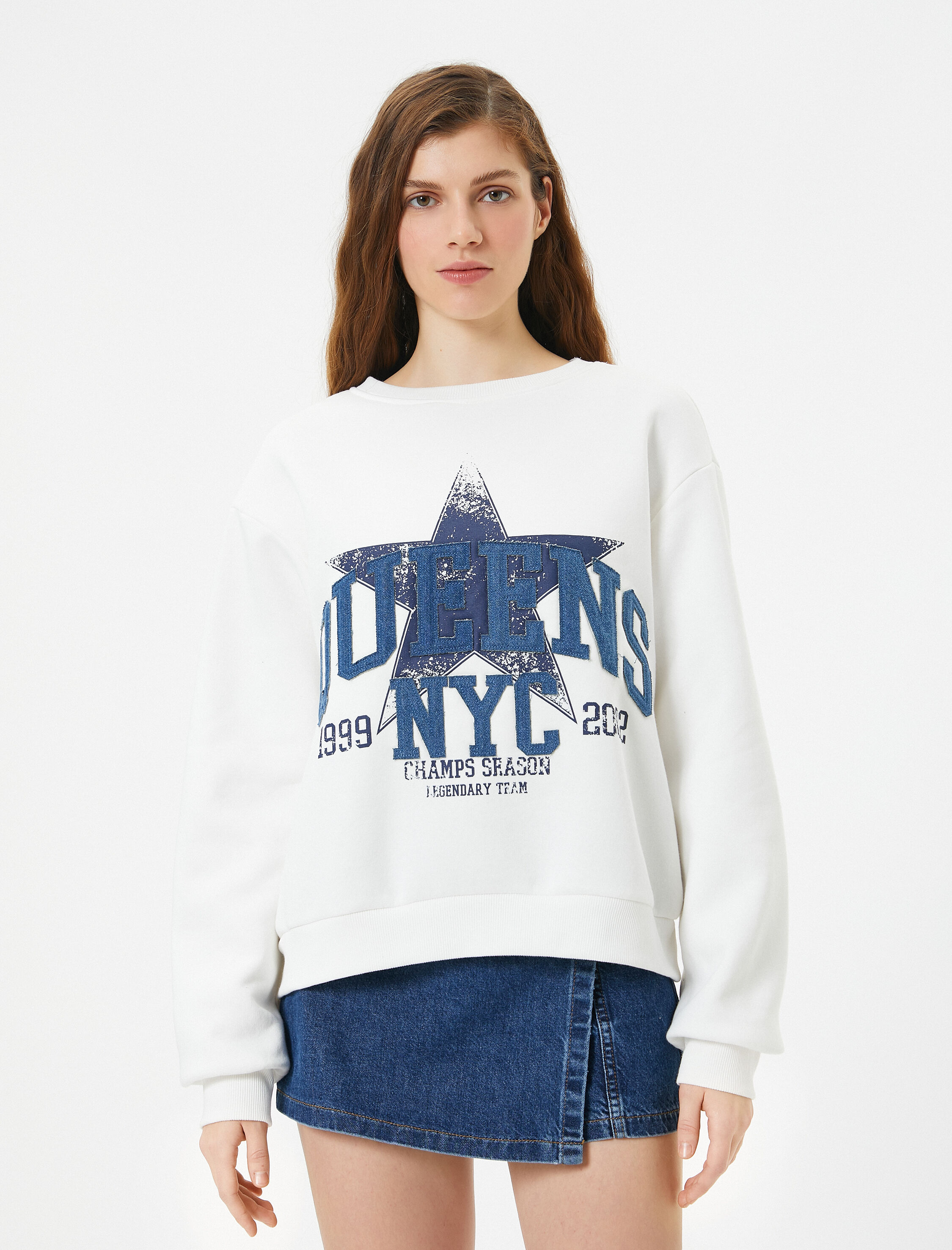   Şardonlu Oversize Sweatshirt Yıldız Baskılı Bisiklet Yaka Uzun Kollu