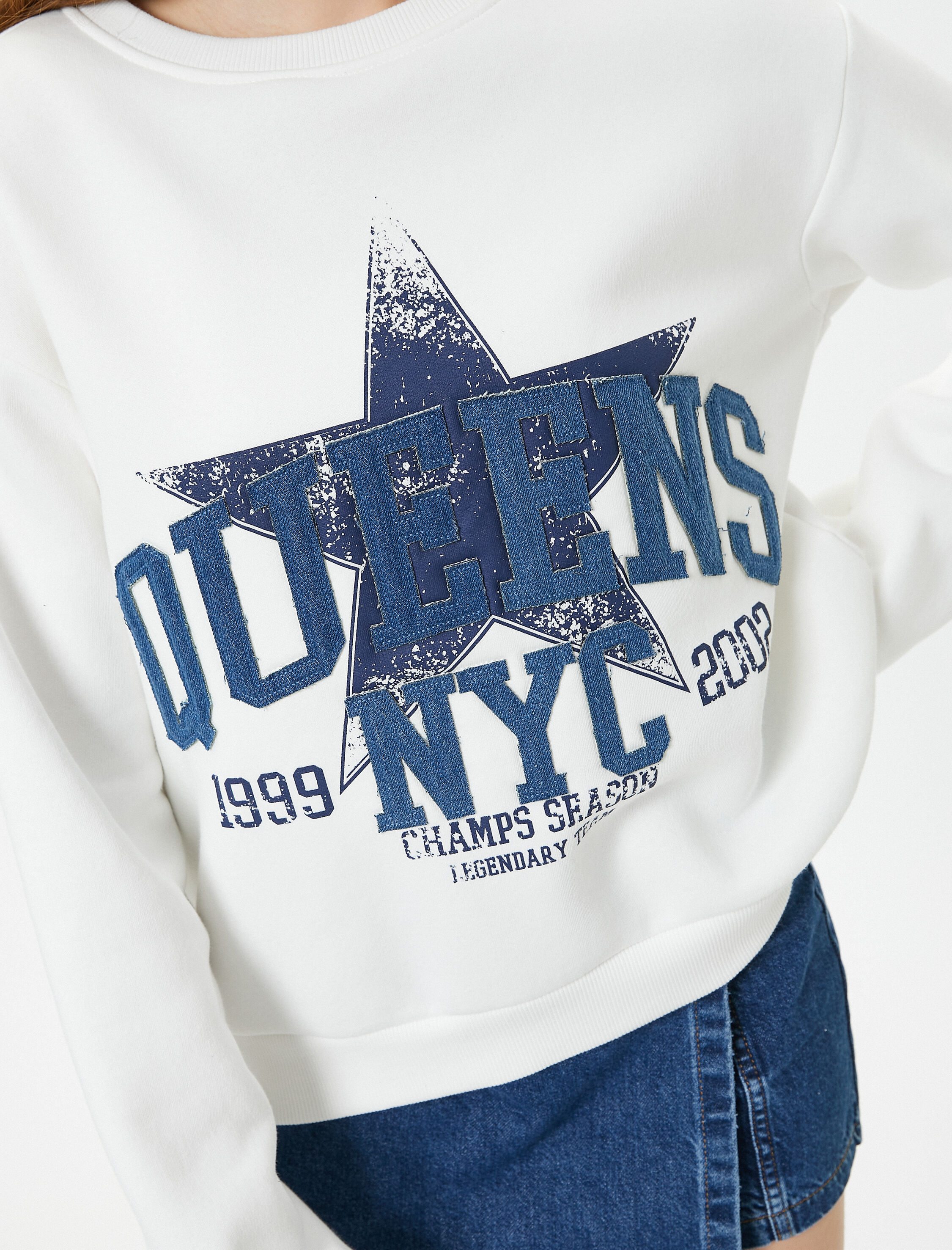   Şardonlu Oversize Sweatshirt Yıldız Baskılı Bisiklet Yaka Uzun Kollu