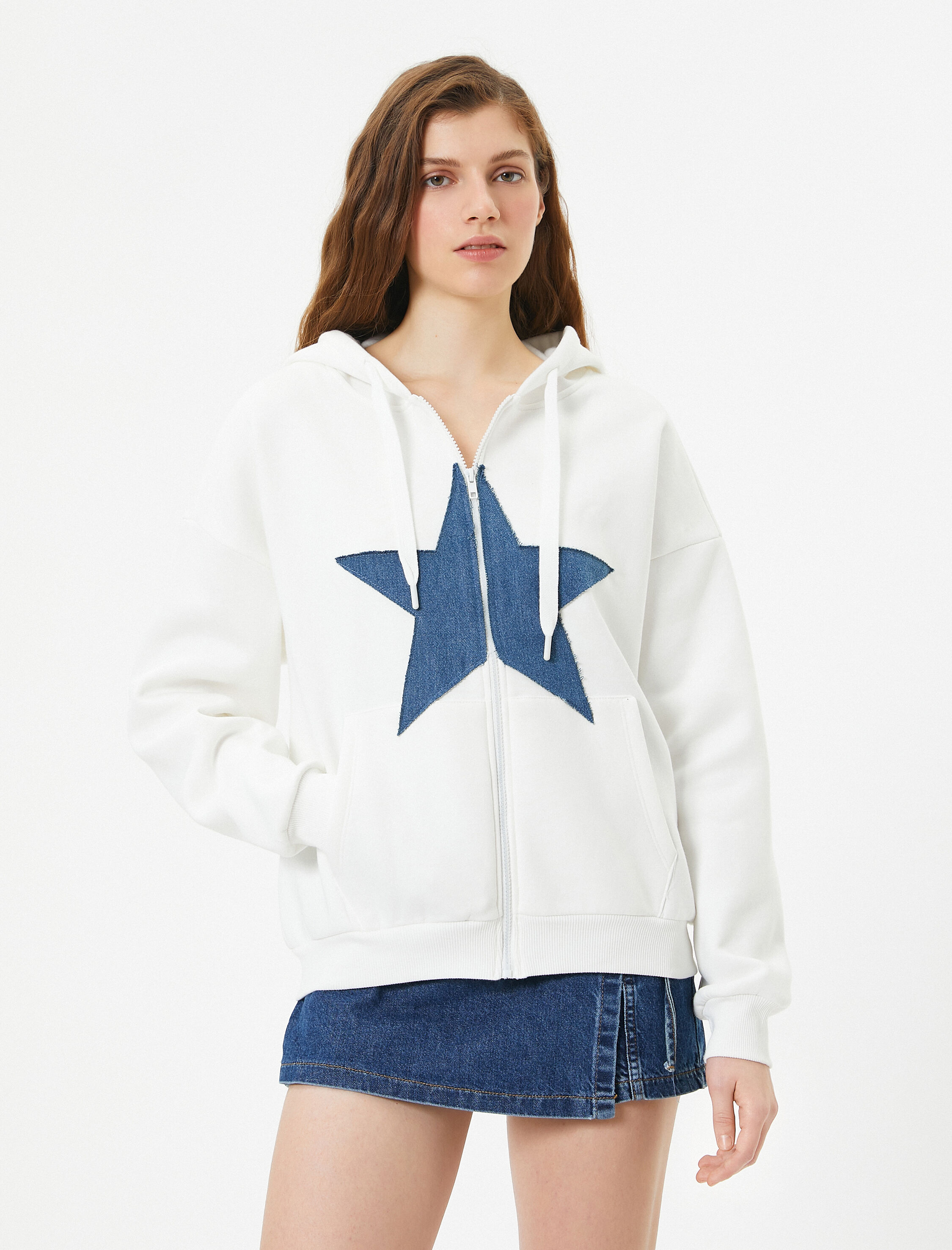   Şardonlu Oversize Kapşonlu Sweatshirt Fermuarlı Uzun Kollu