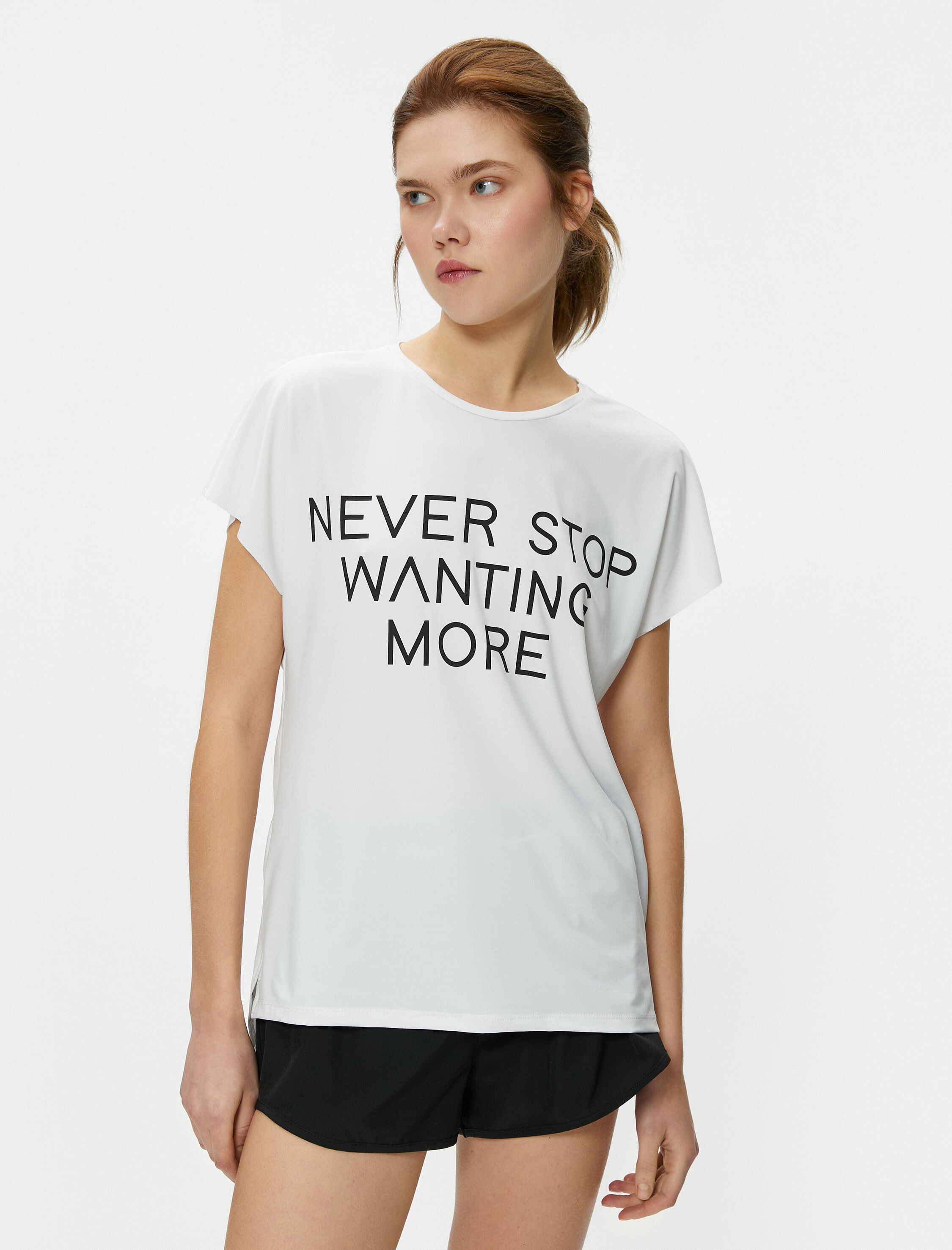   Spor Tişört Yarasa Kollu Slogan Baskılı Rahat Kesim Bisiklet Yaka