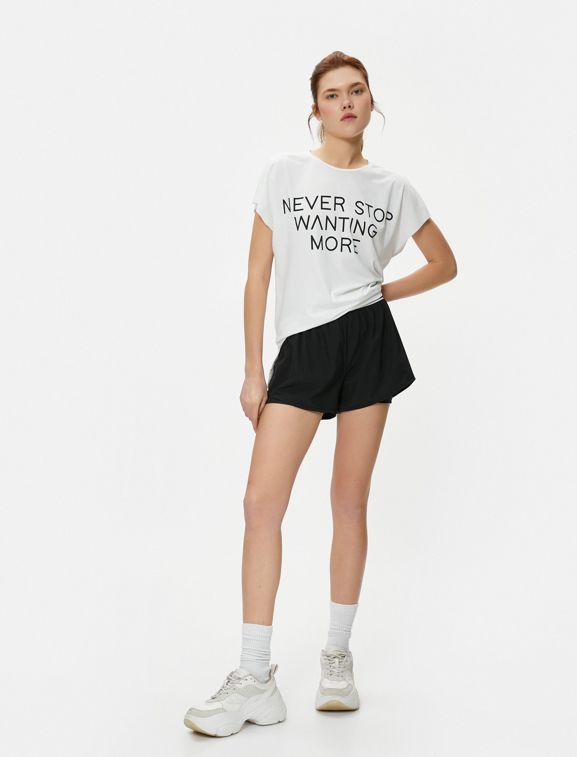   Spor Tişört Yarasa Kollu Slogan Baskılı Rahat Kesim Bisiklet Yaka