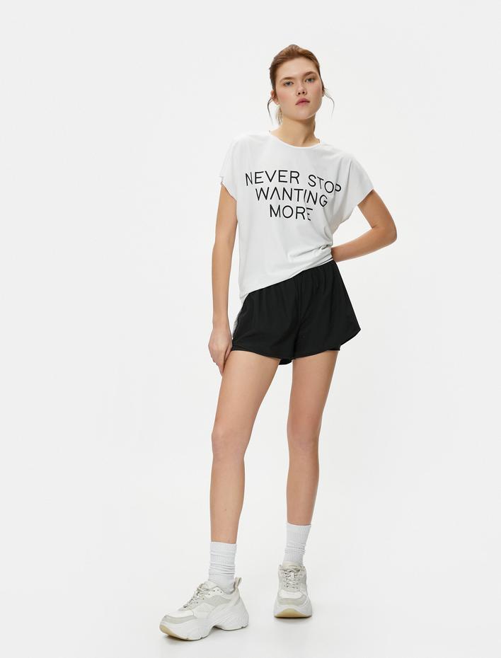  Spor Tişört Yarasa Kollu Slogan Baskılı Rahat Kesim Bisiklet Yaka