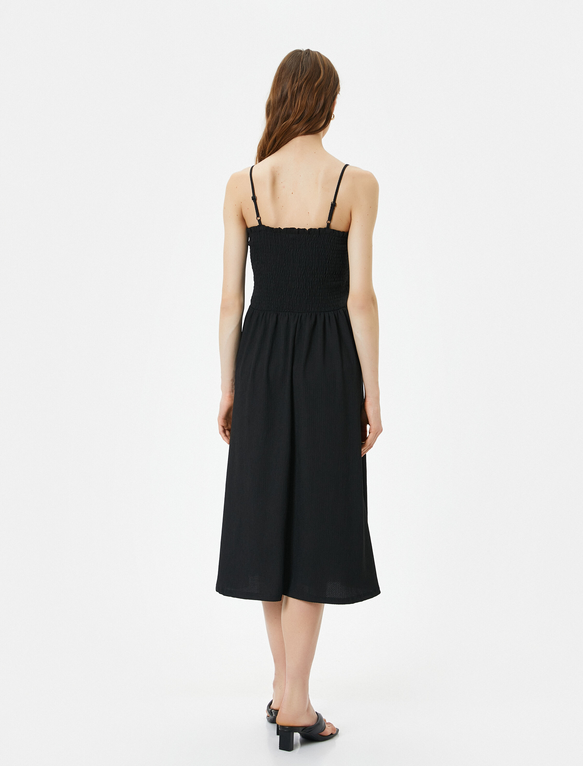   Askılı Midi Elbise Gipeli Kare Yaka