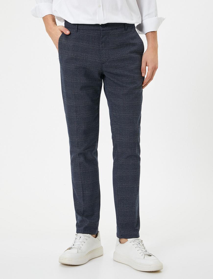   Kumaş Pantolon Desenli Slim Fit Düğmeli Cep Detaylı