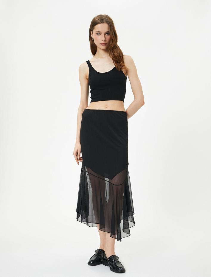  Midi Etek Asimetrik Kesim Tül Detaylı