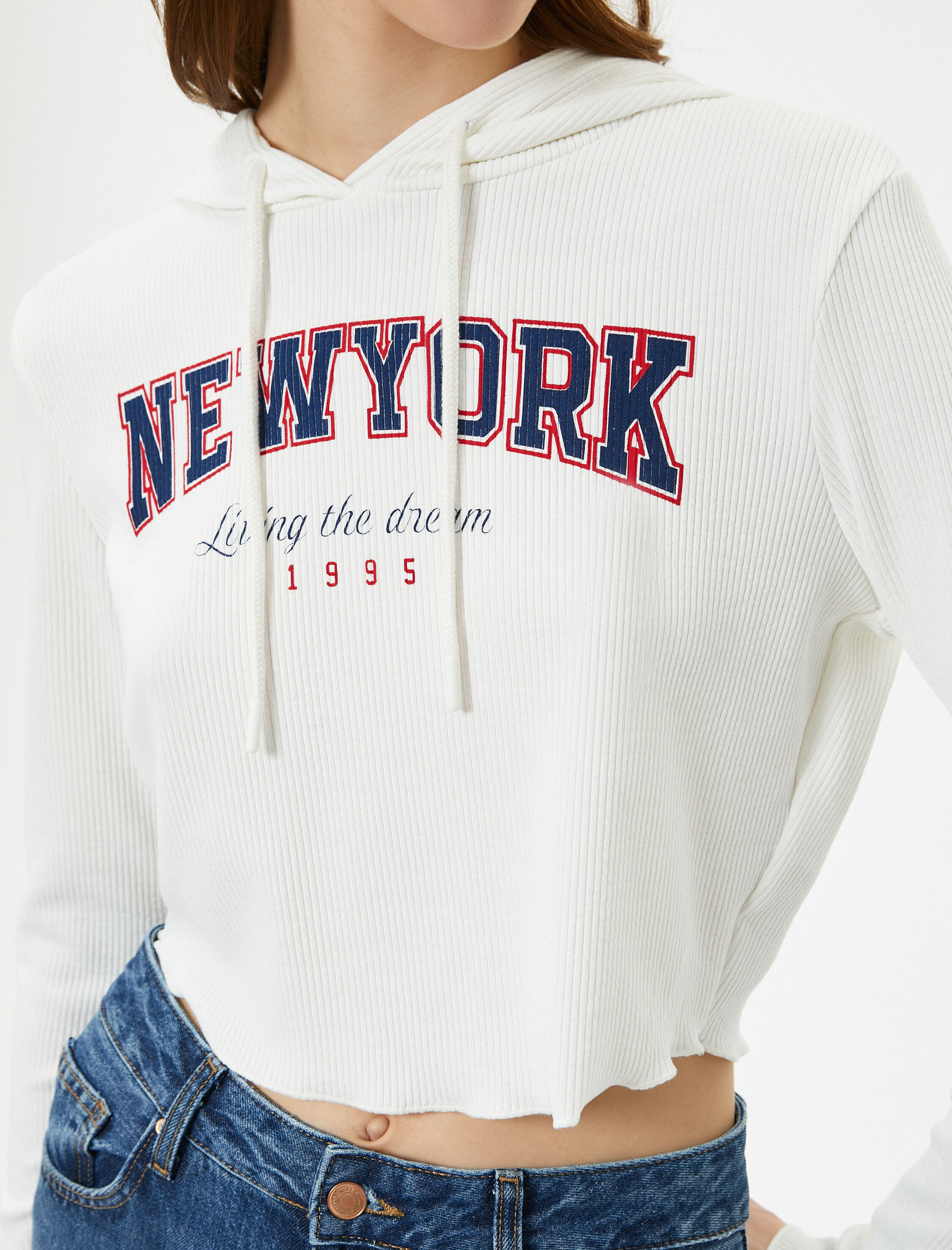   Kapüşonlu Tişört Baskılı Crop Uzun Kollu