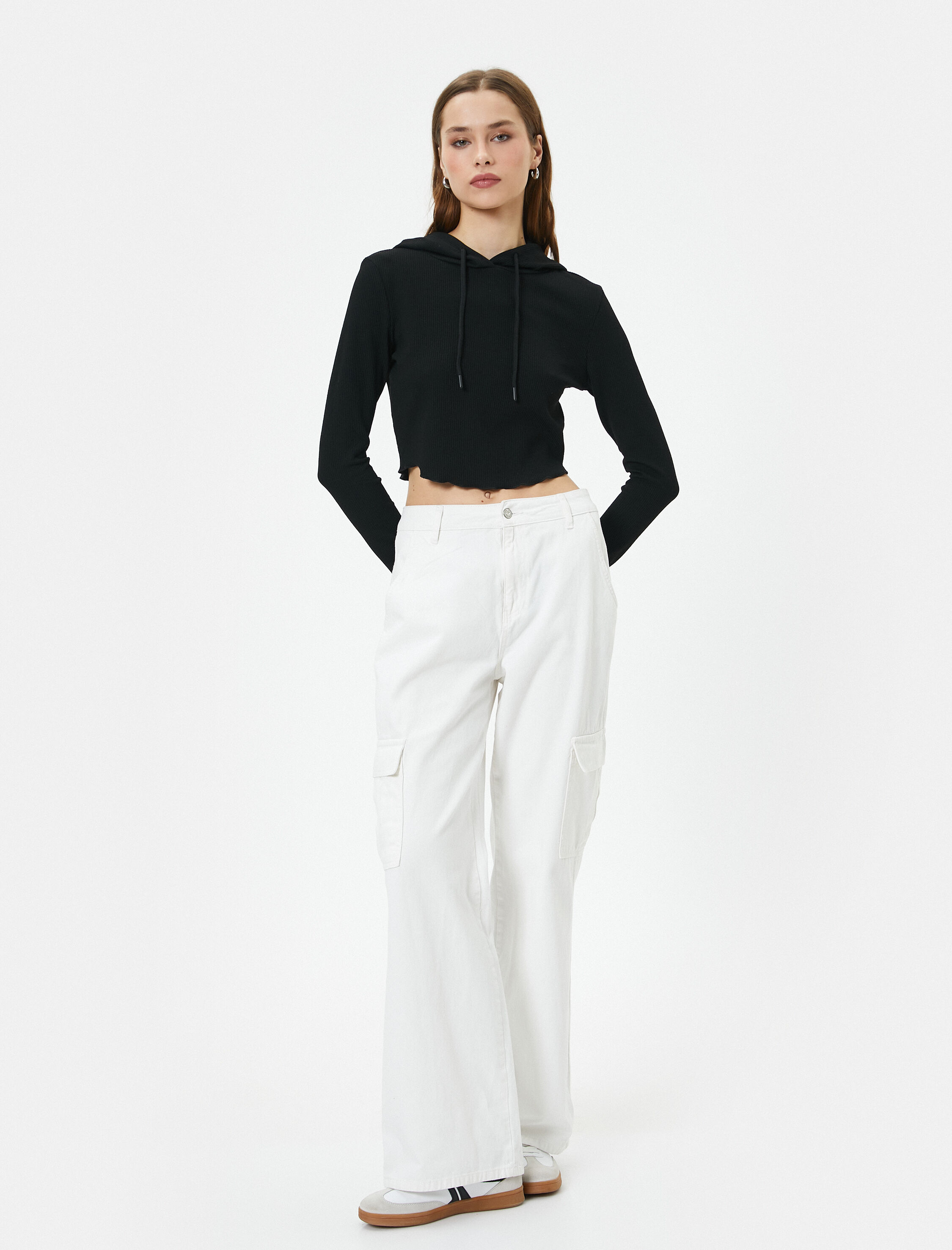 Kapüşonlu Tişört Baskılı Crop Uzun Kollu