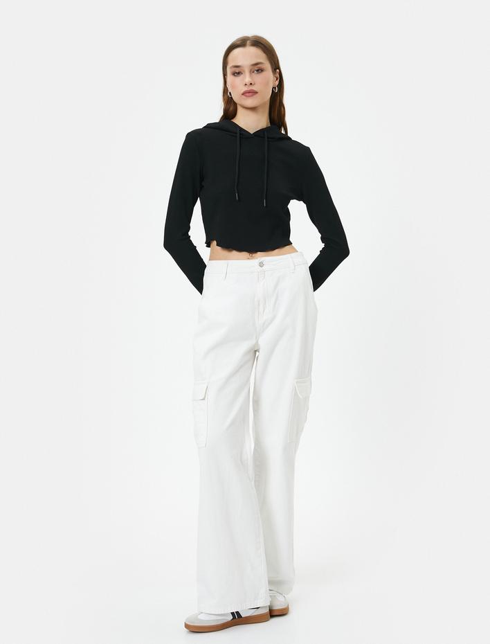  Kapüşonlu Tişört Baskılı Crop Uzun Kollu