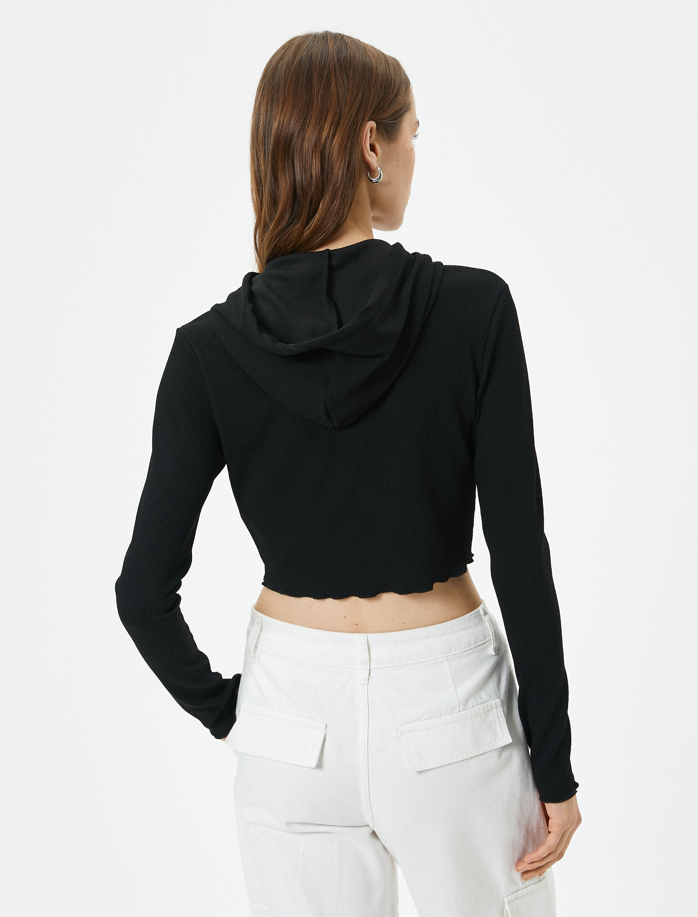 Kapüşonlu Tişört Baskılı Crop Uzun Kollu