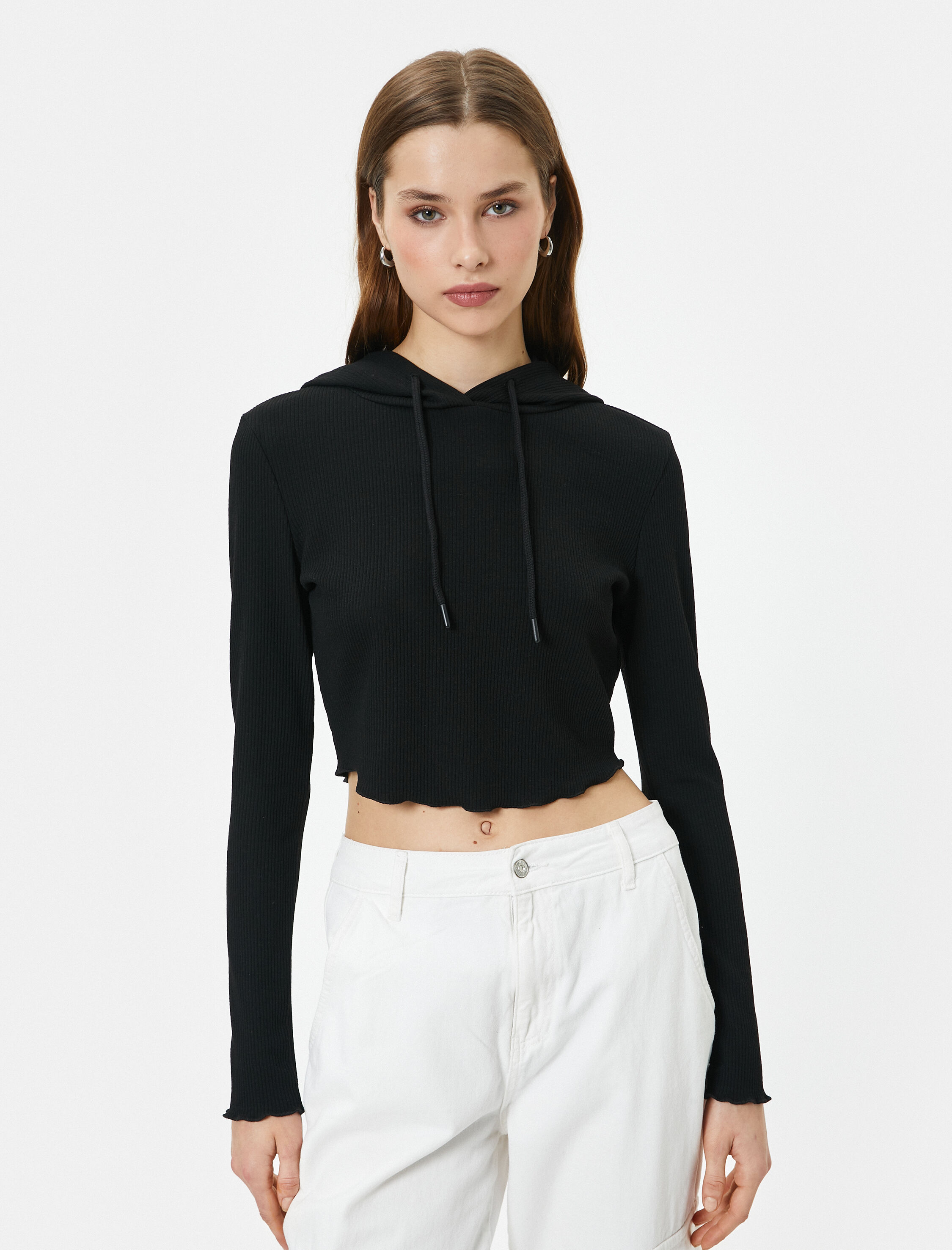 Kapüşonlu Tişört Baskılı Crop Uzun Kollu