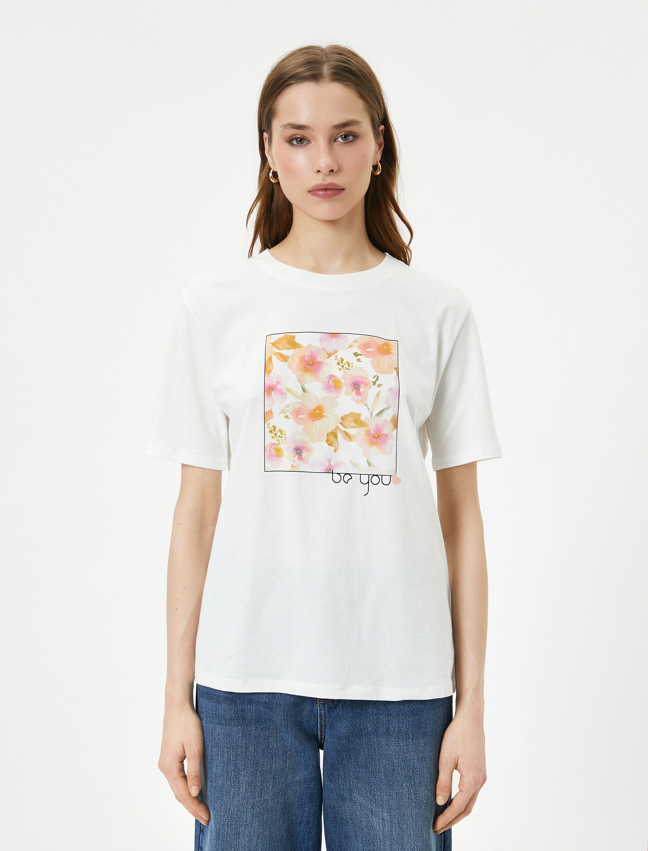   Baskılı Tişört Bisiklet Yaka Kısa Kollu