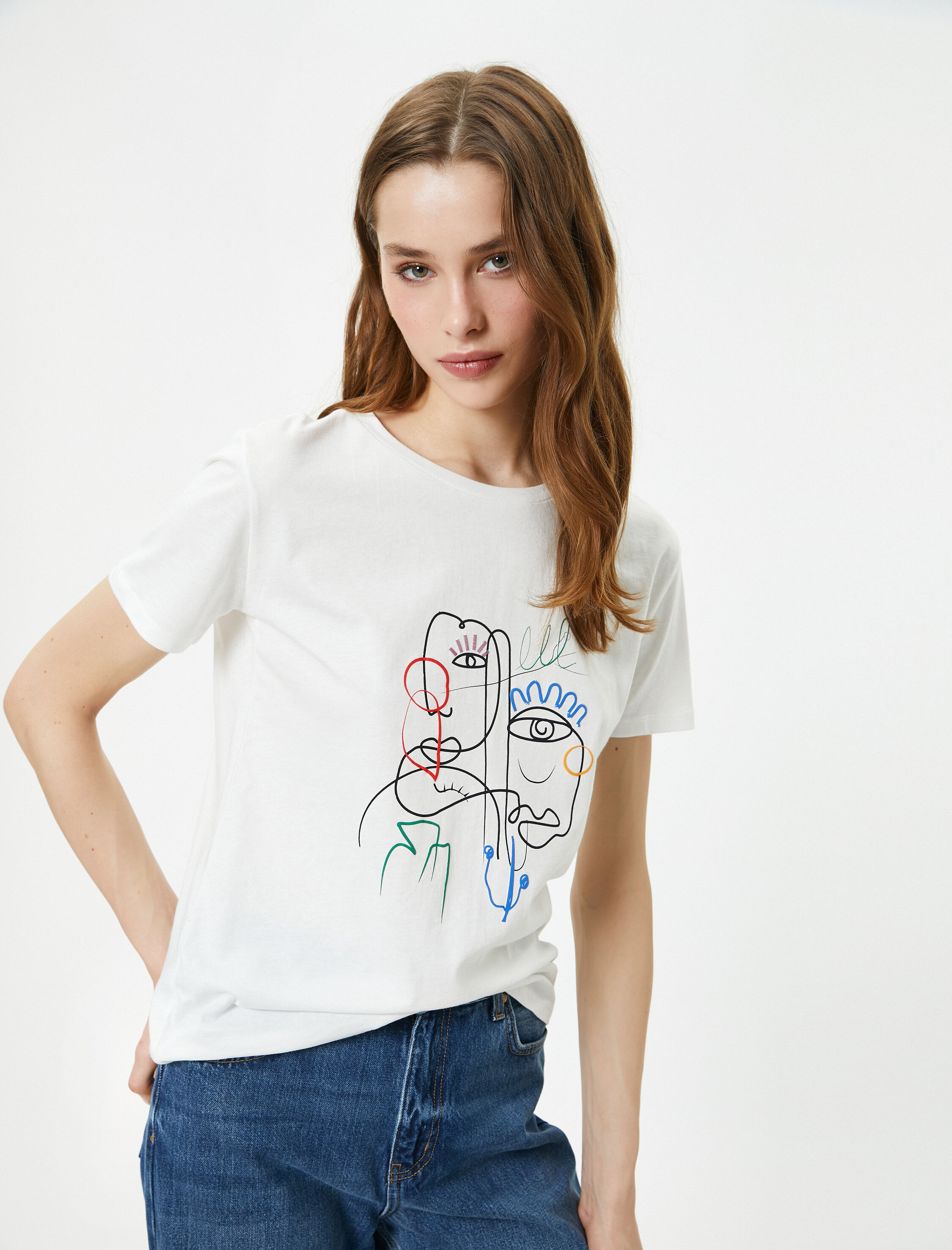 Koton Kadın Baskılı T-Shirt Bisiklet Yaka Kısa Kollu