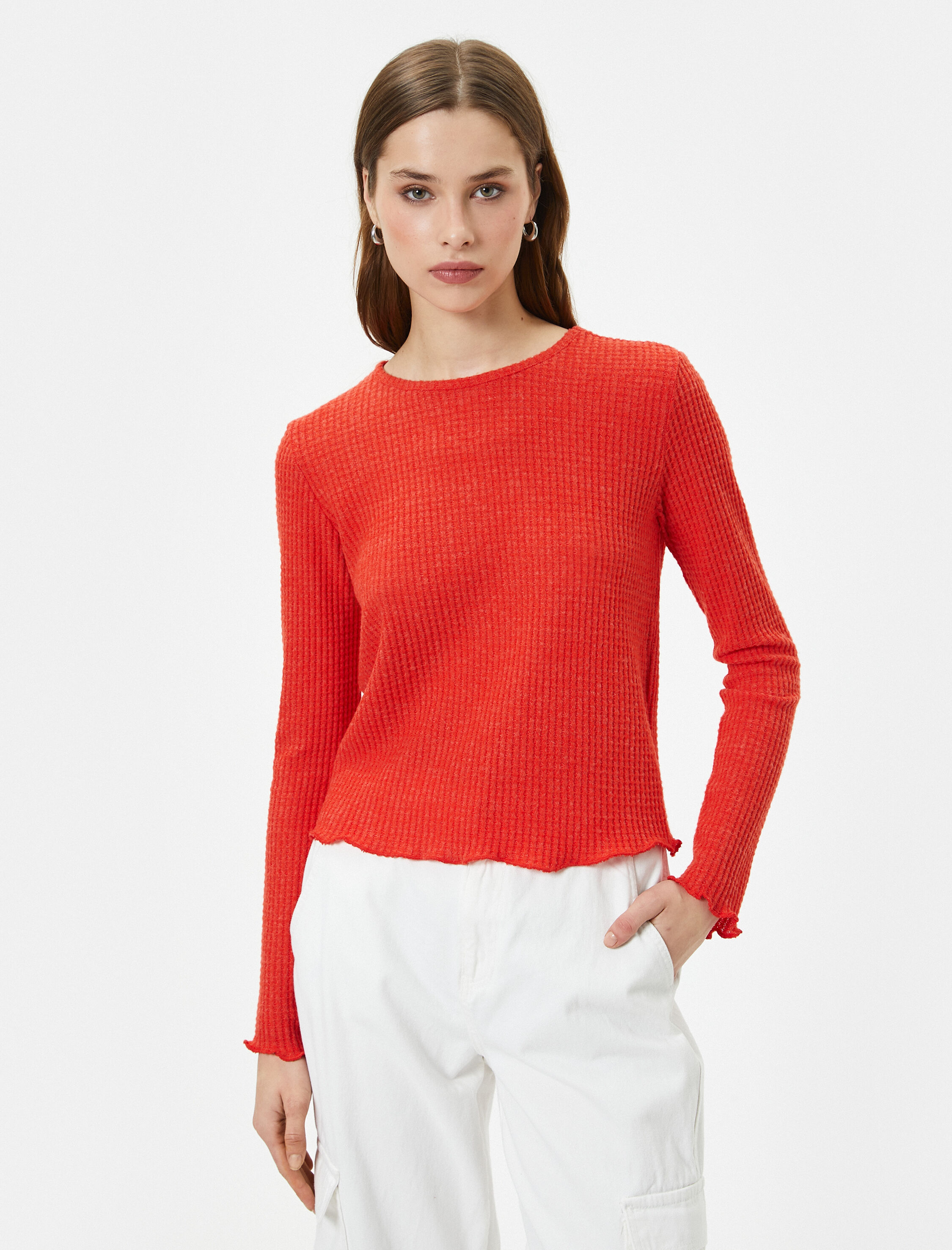   Uzun Kollu Tişört Bisiklet Yaka Dokulu