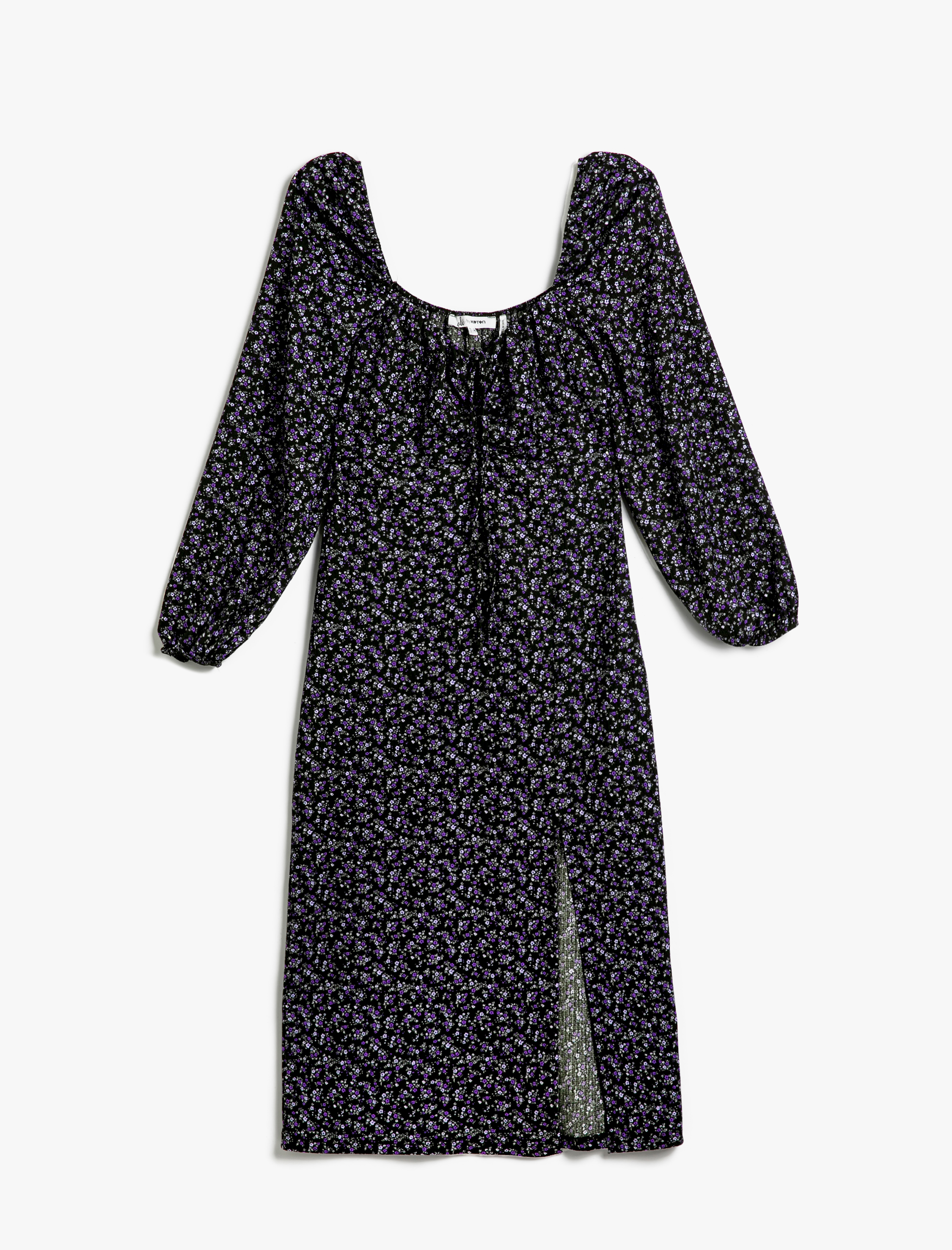   Çiçekli Yırtmaçlı Midi Elbise Uzun Kollu Kare Yaka Önü Bağlama Detaylı Bürümcük