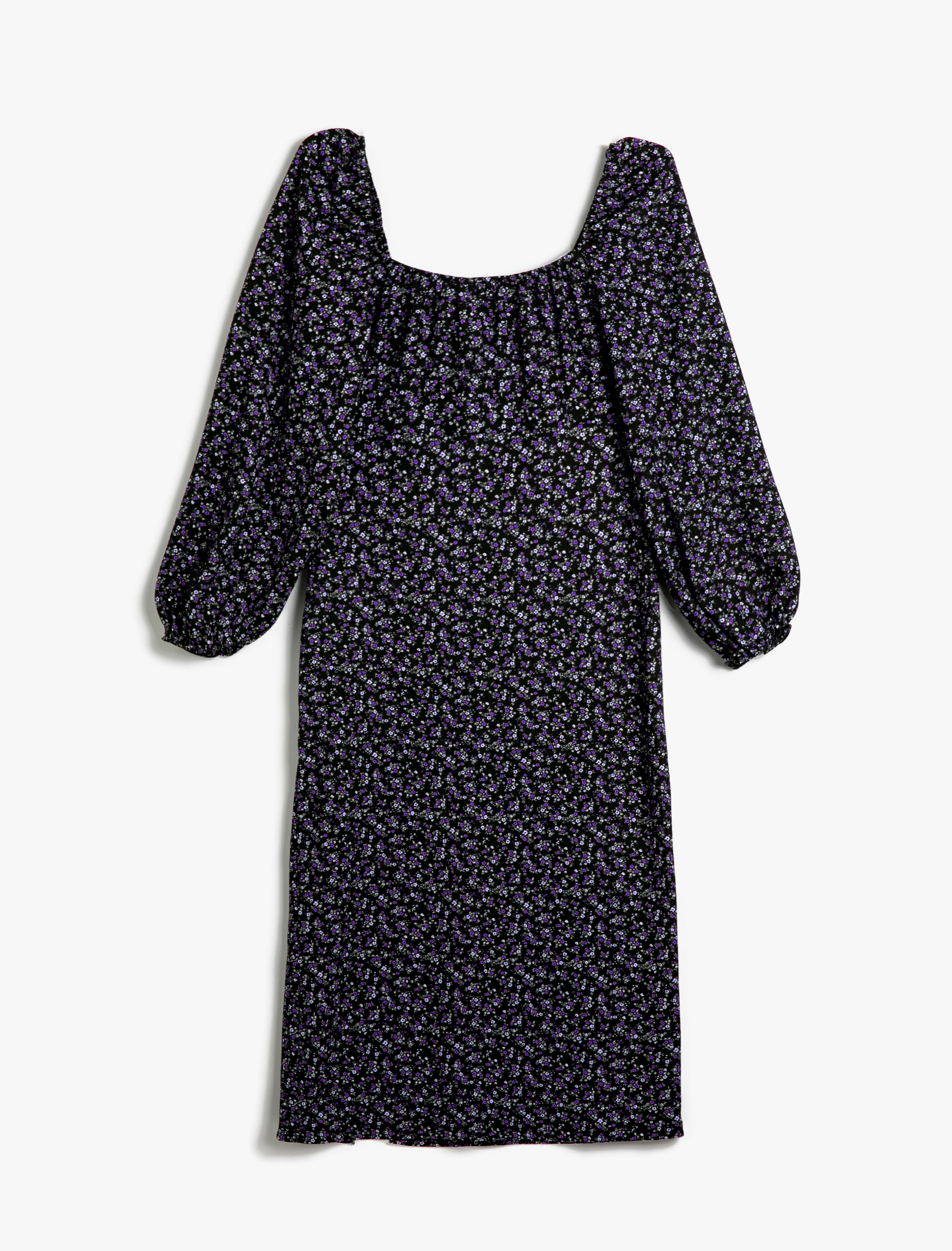   Çiçekli Yırtmaçlı Midi Elbise Uzun Kollu Kare Yaka Önü Bağlama Detaylı Bürümcük