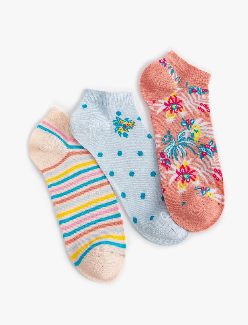  Kadın Çizgili 3'lü Patik Çorap Seti Çok Renkli