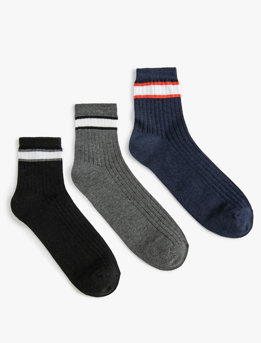  Erkek 3'lü Soket Çorap Seti Çok Renkli Şerit Desenli