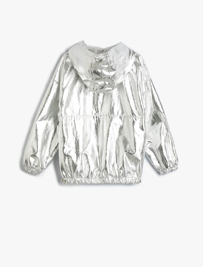 Kız Çocuk Varaklı Parlak Kapşonlu Ceket Cep Detaylı