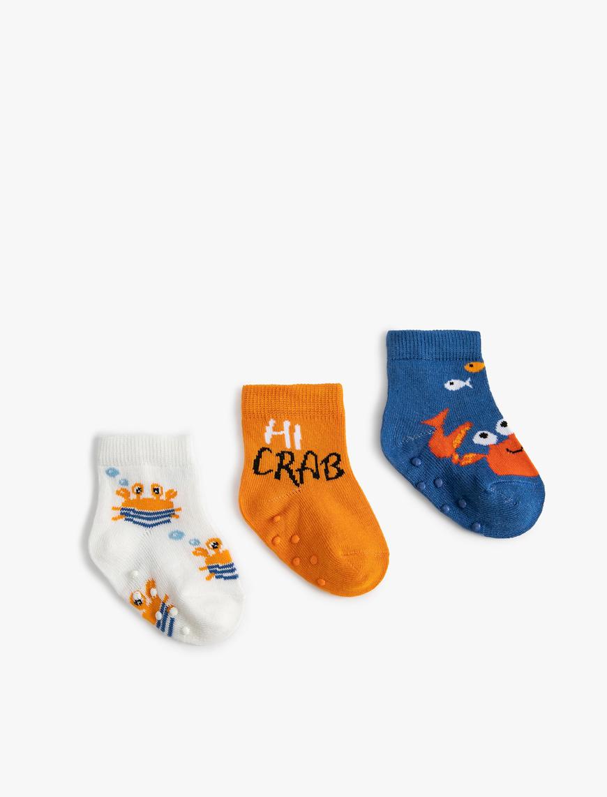  Erkek Bebek 3'lü Çorap Seti Yengeç Desenli Pamuklu
