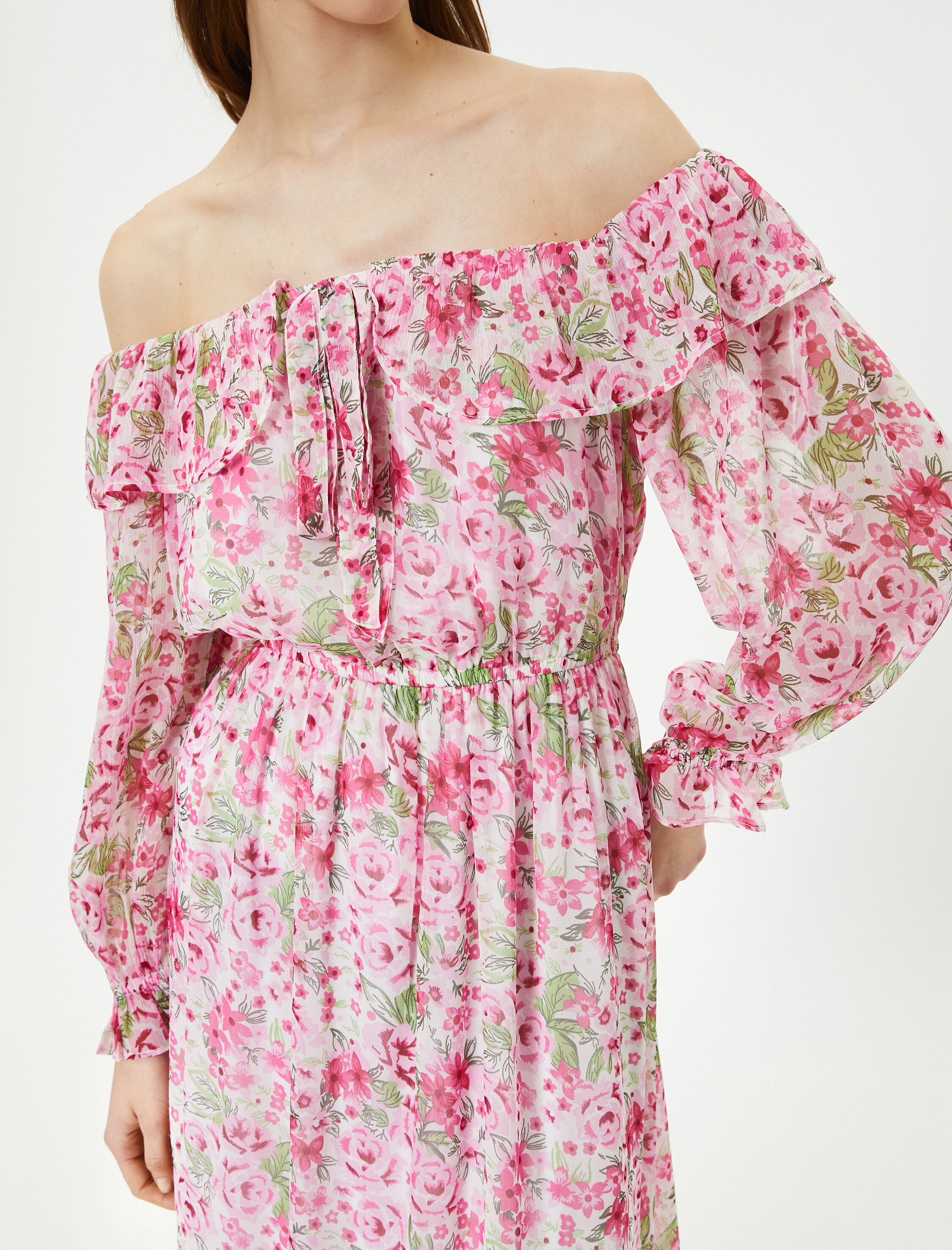   Çiçekli Elbise Midi Omzu Açık Bağlama Detaylı