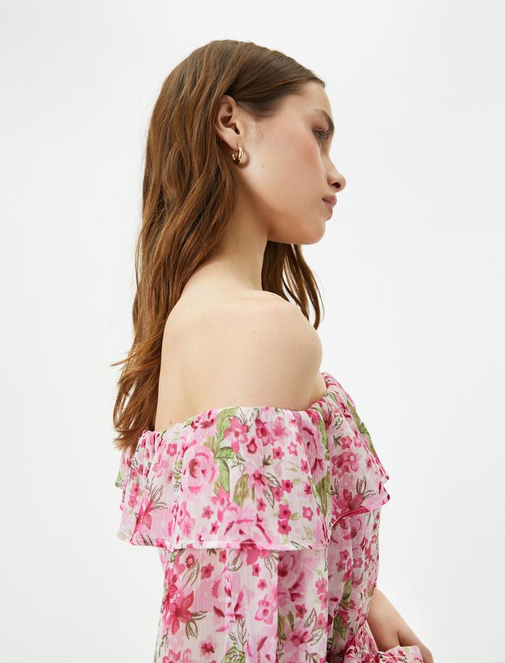  Çiçekli Elbise Midi Omzu Açık Bağlama Detaylı