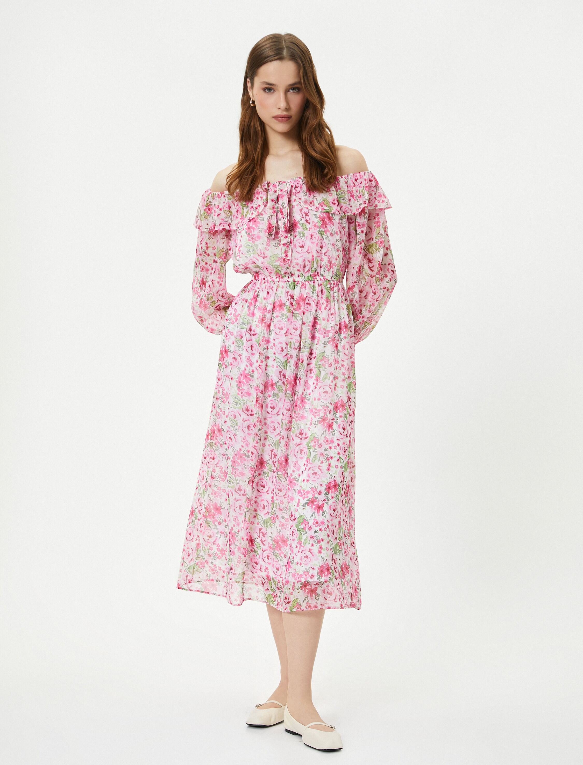   Çiçekli Elbise Midi Omzu Açık Bağlama Detaylı