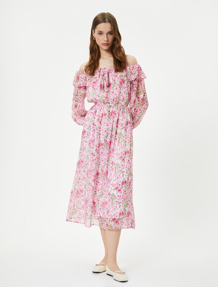  Çiçekli Elbise Midi Omzu Açık Bağlama Detaylı